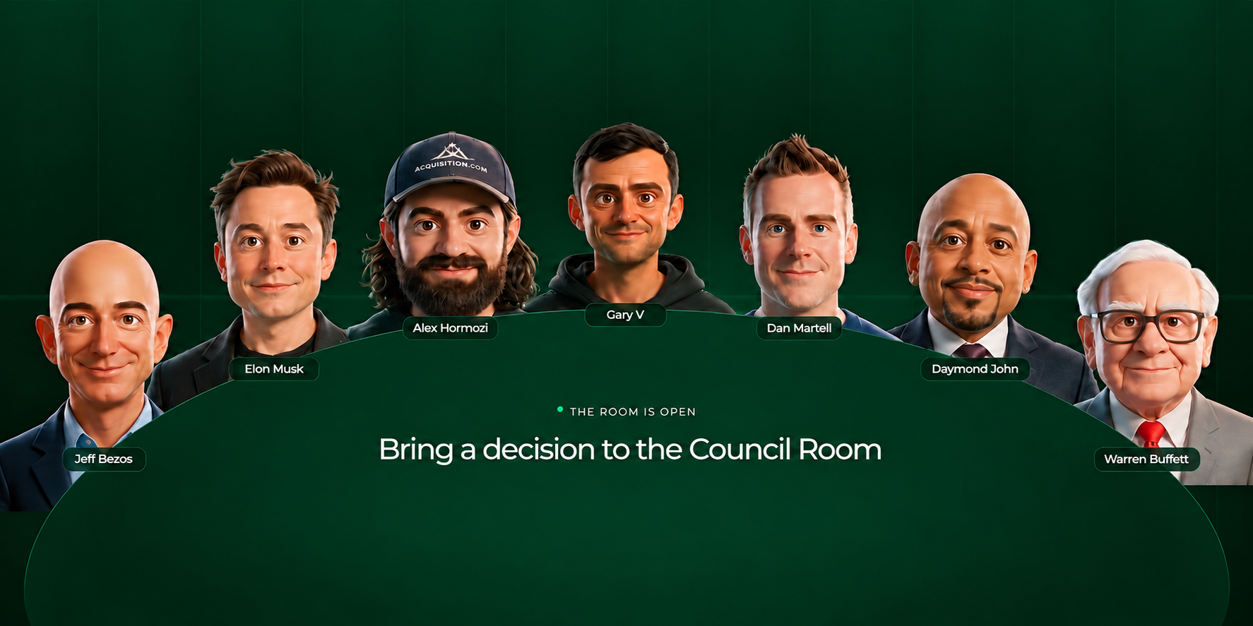 The AI Council: Jeff Bezos, Elon Musk, Alex Hormozi, Gary V, Dan Martell, Daymond John, and Warren Buffett seated around a green boardroom table