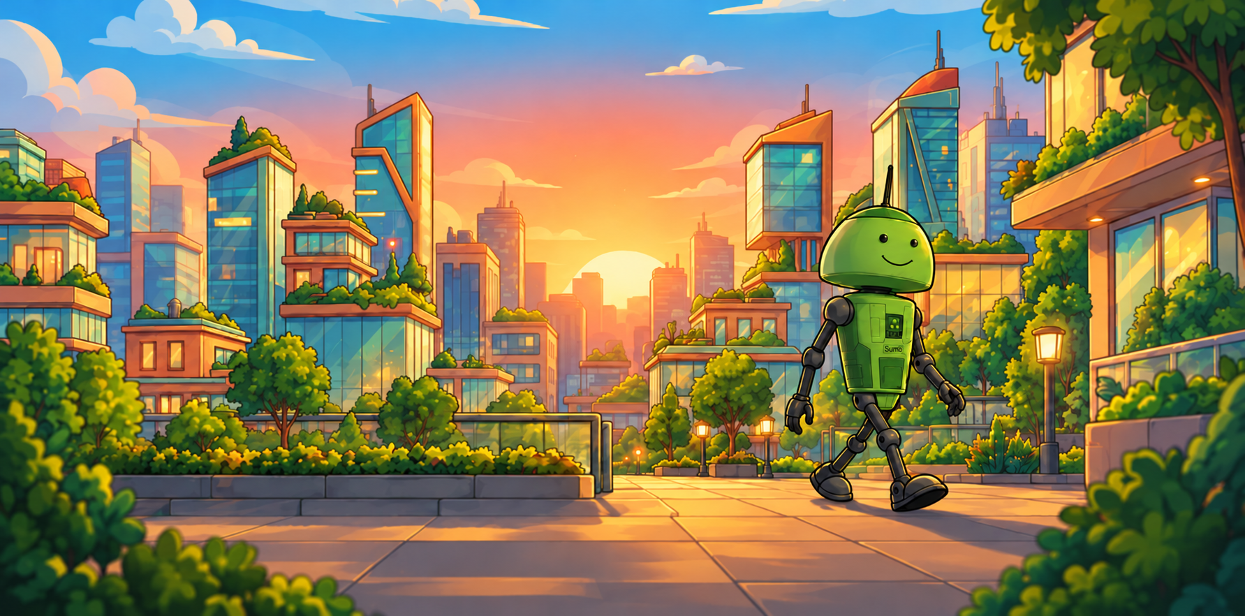 Sumo Tycoon game world: a green robot walking across a sunlit terrace in a futuristic eco-city at sunset