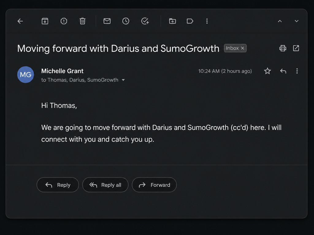 Email: client confirms moving forward with Darius and SumoGrowth
