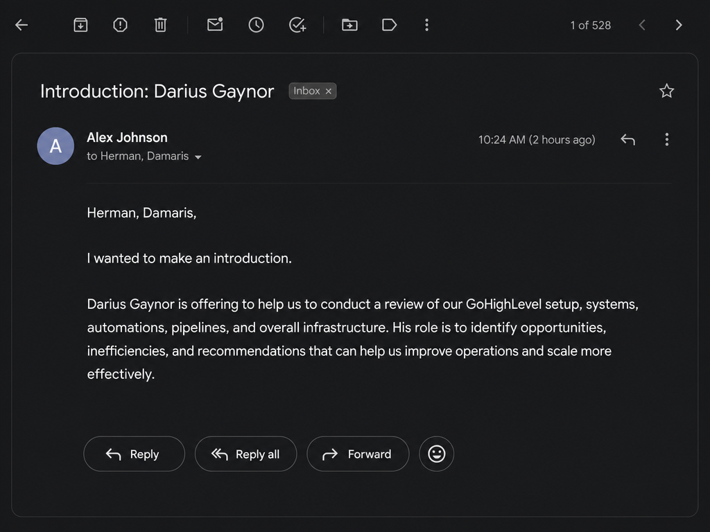 Email: warm introduction of Darius Gaynor for a GoHighLevel audit