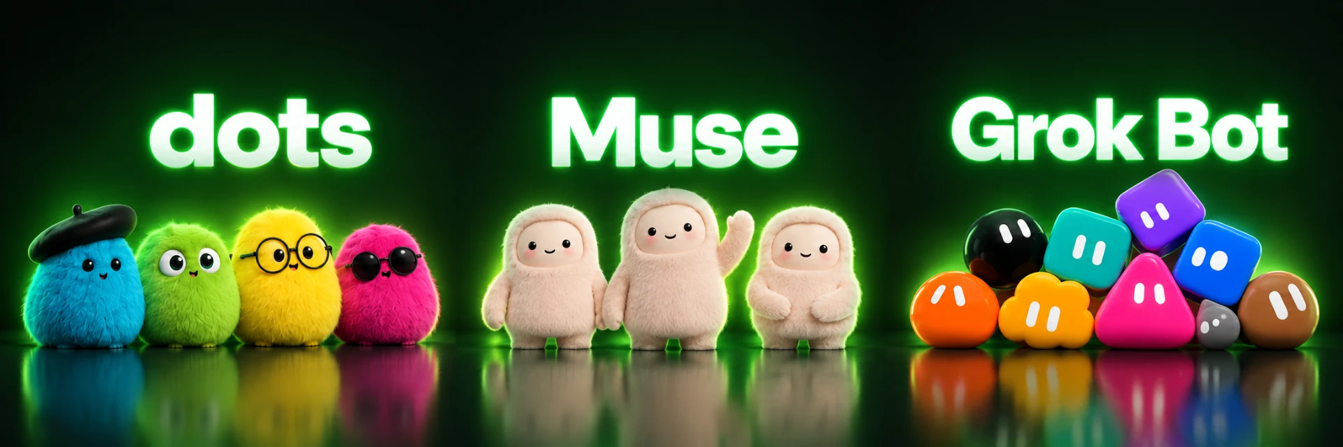 dots, Muse, and Grok Bot AI assistant characters